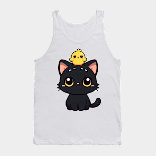 Cute Black Cat And Yellow Bird Tank Top